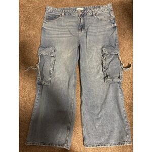 S.O.N.G. Cargo Jeans Women 16 Blue Light Wash Excellent Wide Leg Utility Denim
